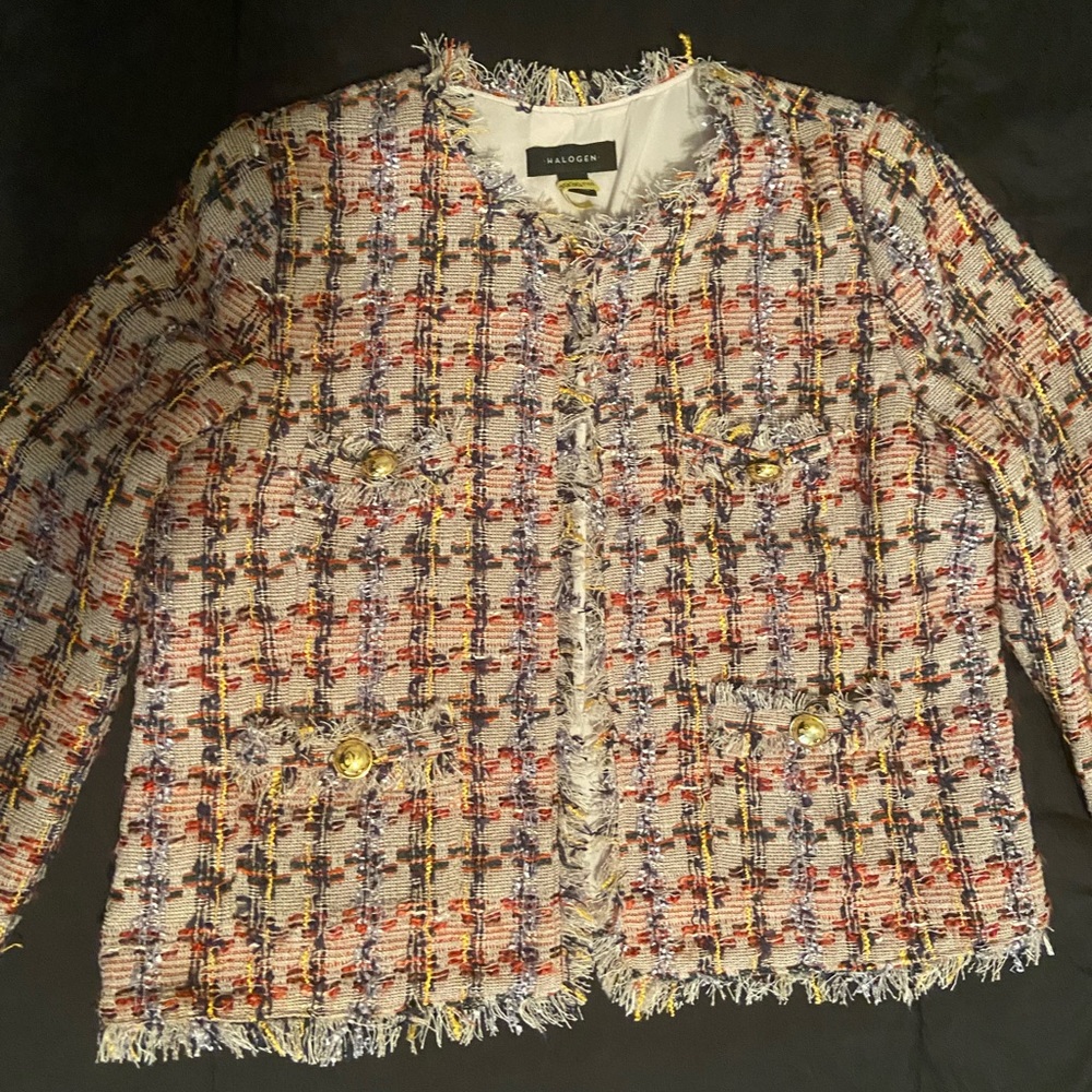 Multi colored tweed blazer with fringe